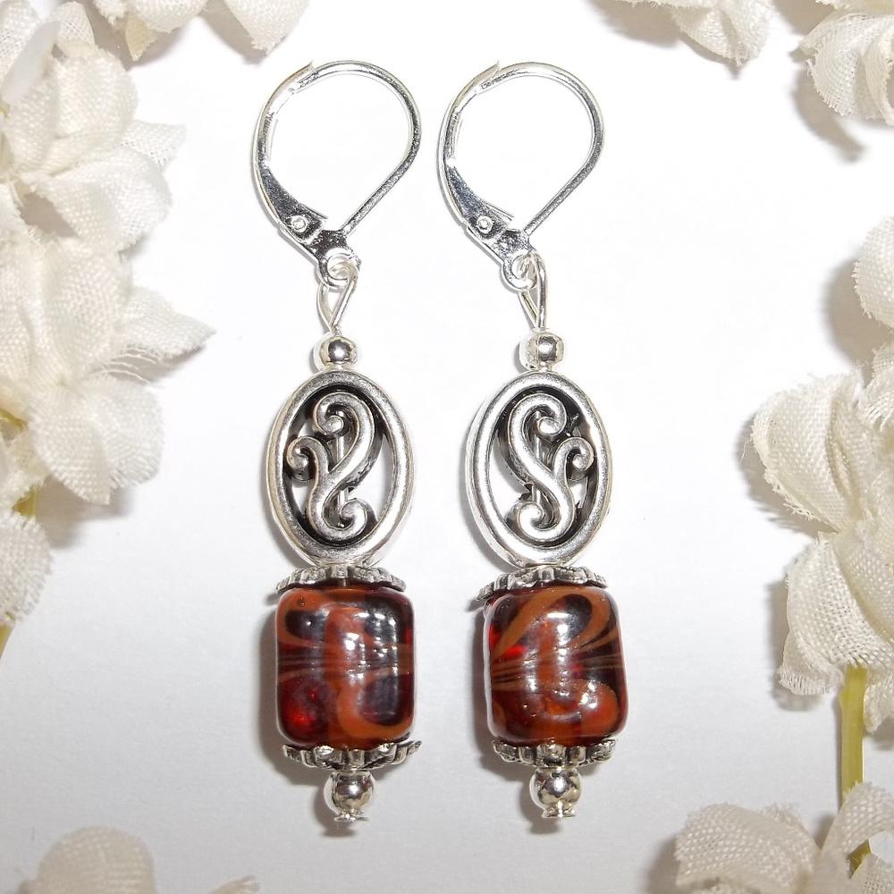 Brown Glass Beaded Earrings Dangle Handmade 4986